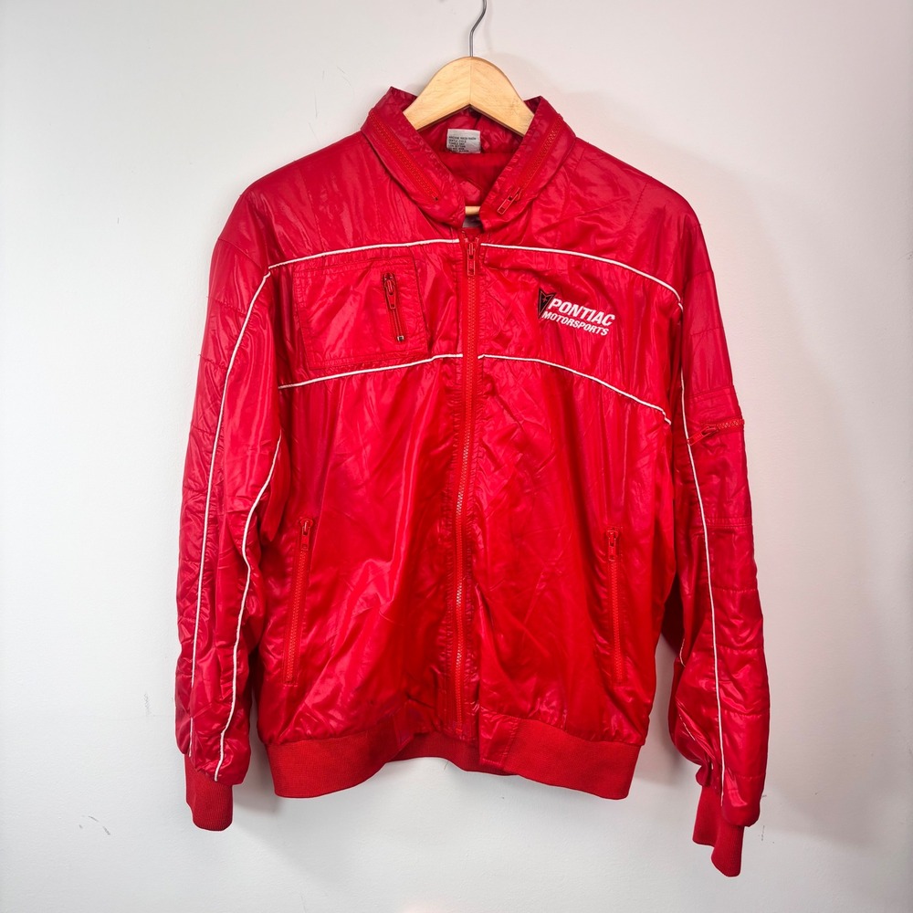 Vintage Pontiac Motorsports Racing Jacket Red Nylon Bomber Car Auto Garage Y2K